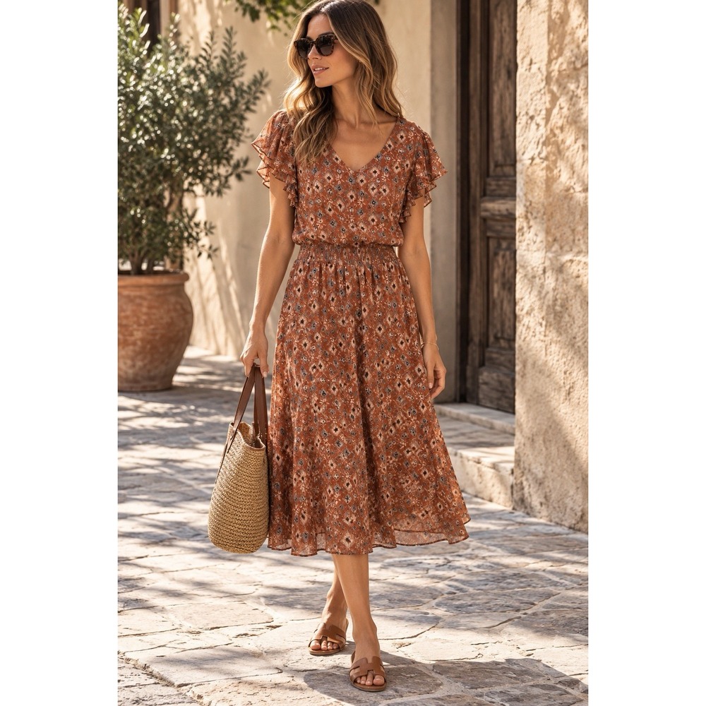 Vince Camuto Dress XL Rust Orange Floral Flutter Sleeve Midi Boho Lurex